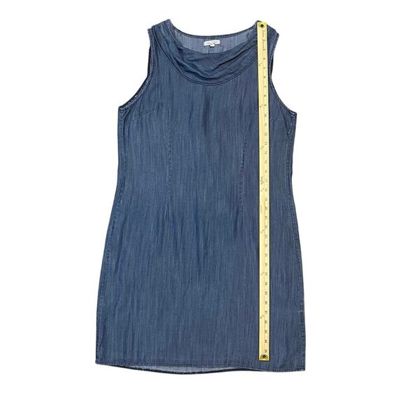 Lina Tomei Tencel Shift Dress Midi Blue Denim Size M Italy Cowl Neck Minimalist - Picture 9 of 9
